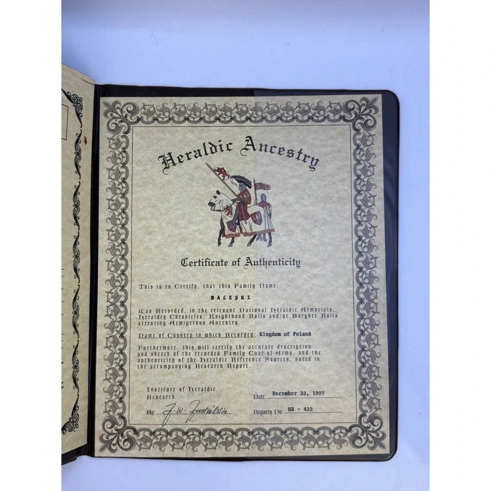 Heraldic Ancestry Waleski‎ Walewski Polish Coat of Arms Certificate 1997